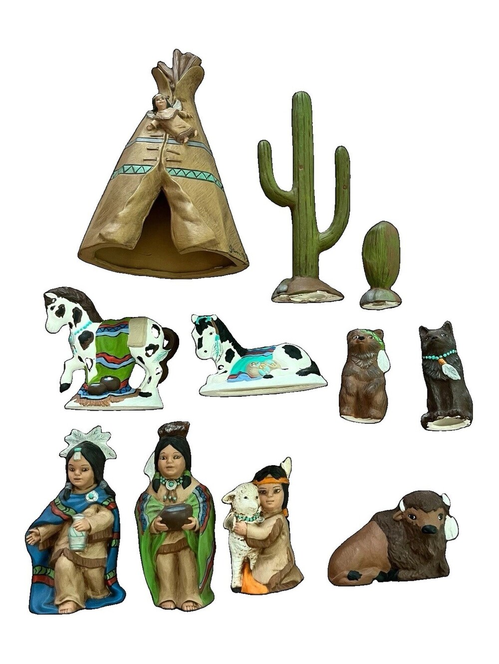 VNTG Provincial Mold Native American Ceramic Nativity Set Incomplete 11 Pcs EXC